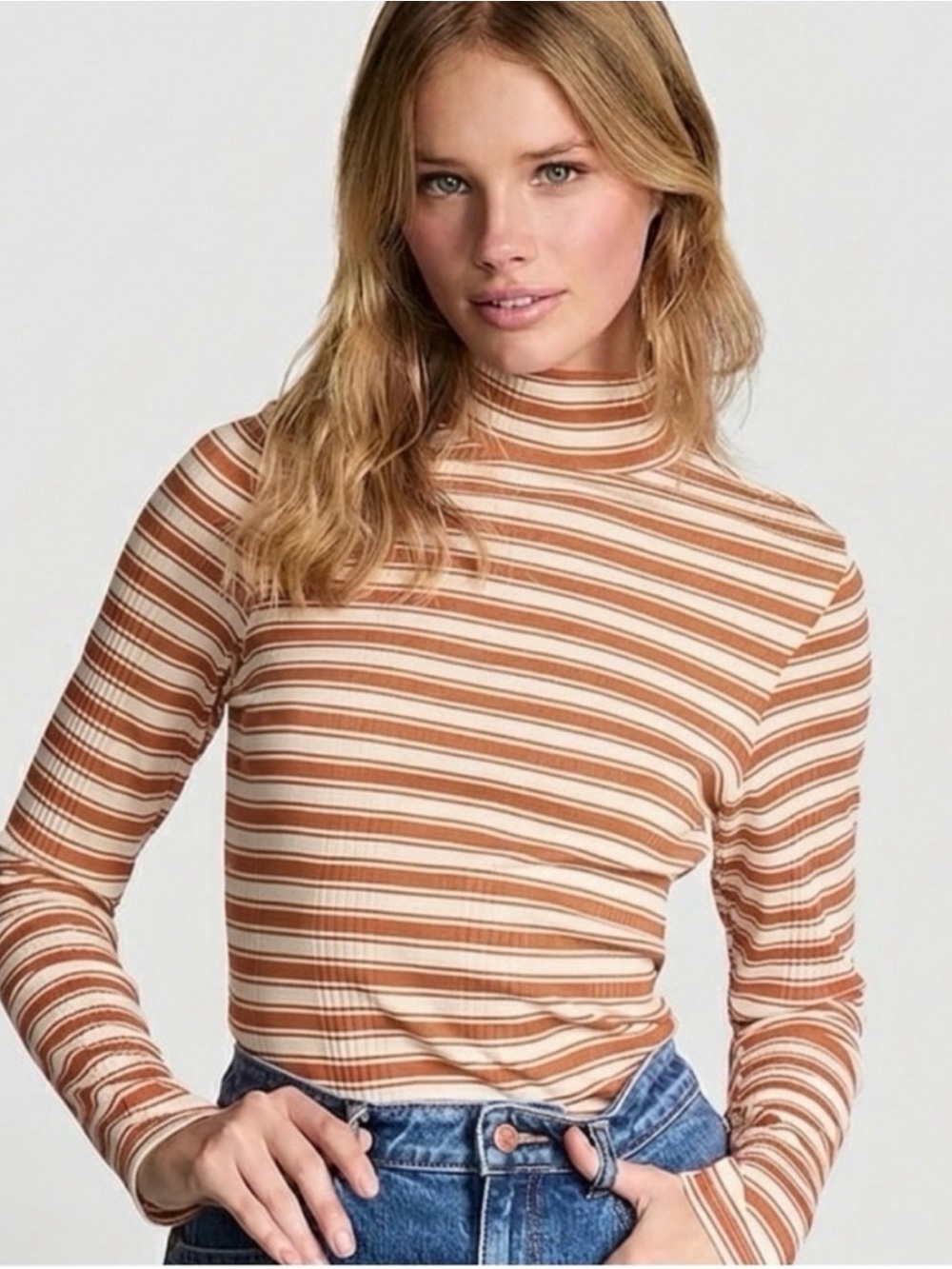 Victoria's Secret Ribbed Stripe Mock Neck Long Sleeve in Tan/Brown and White